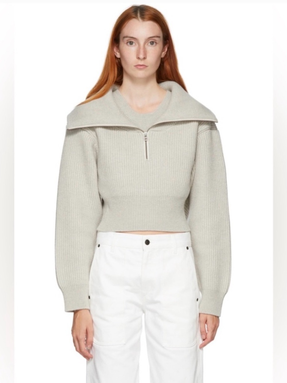 Jacquemus La Maille Risoul Ribbed Cropped Zip Sweater Size 36 Sage Green Gray